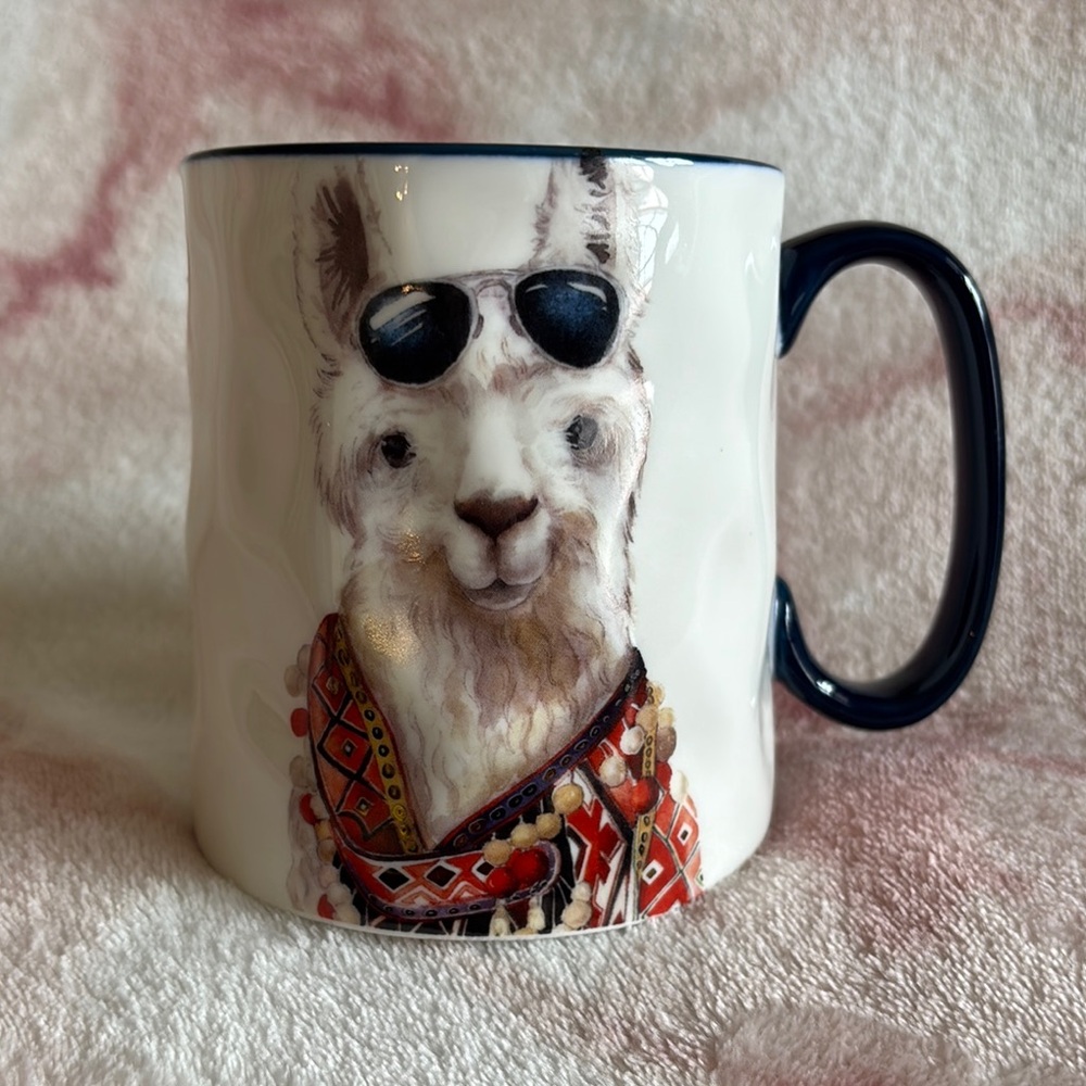 Llama Llama Ceramic Coffee Tea Soup Mug with Sunglasses and Colorful Scarf NWT